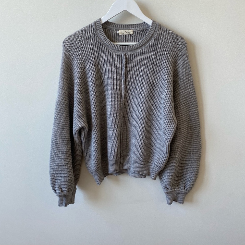 Elan Women's Gray Balloon Sleeve Ribbed Crew Neck Sweater Size Large